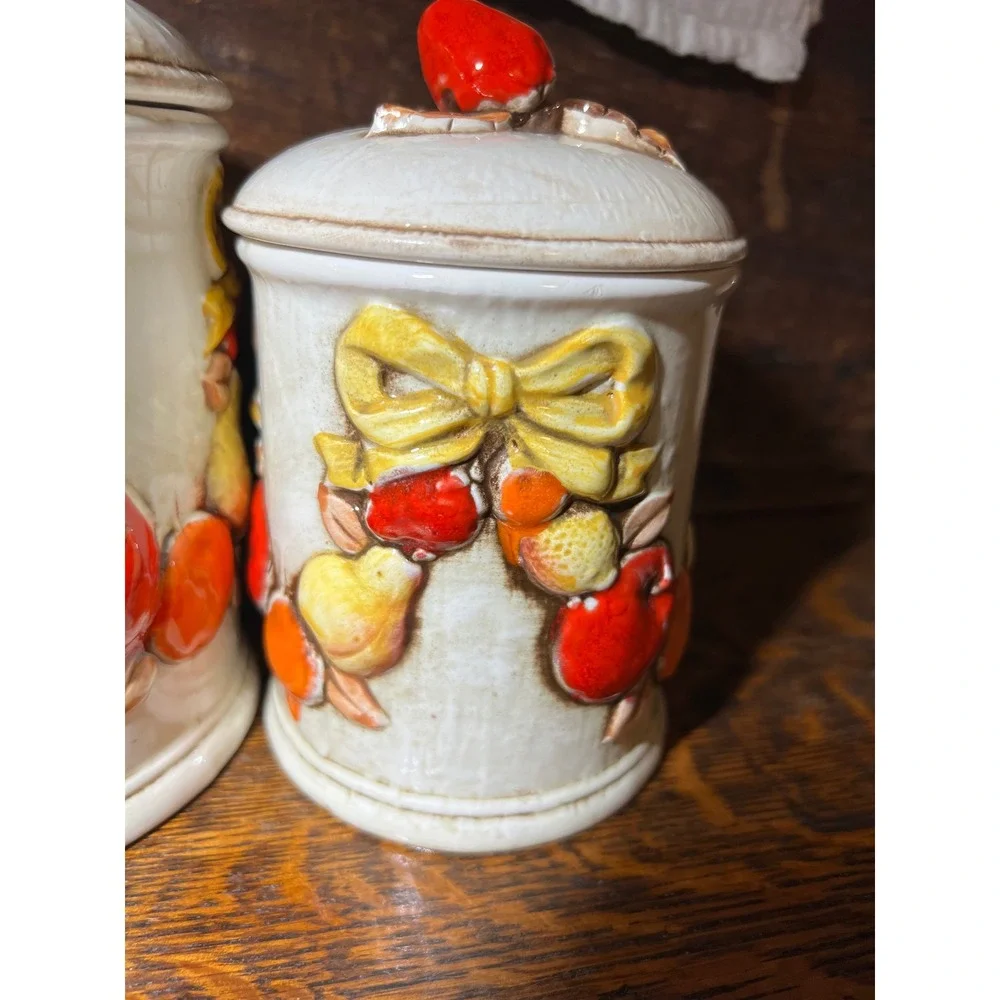 VTG Napcoware Japan 4 Piece Ceramic Fruit Canister Set Cream Grannycore